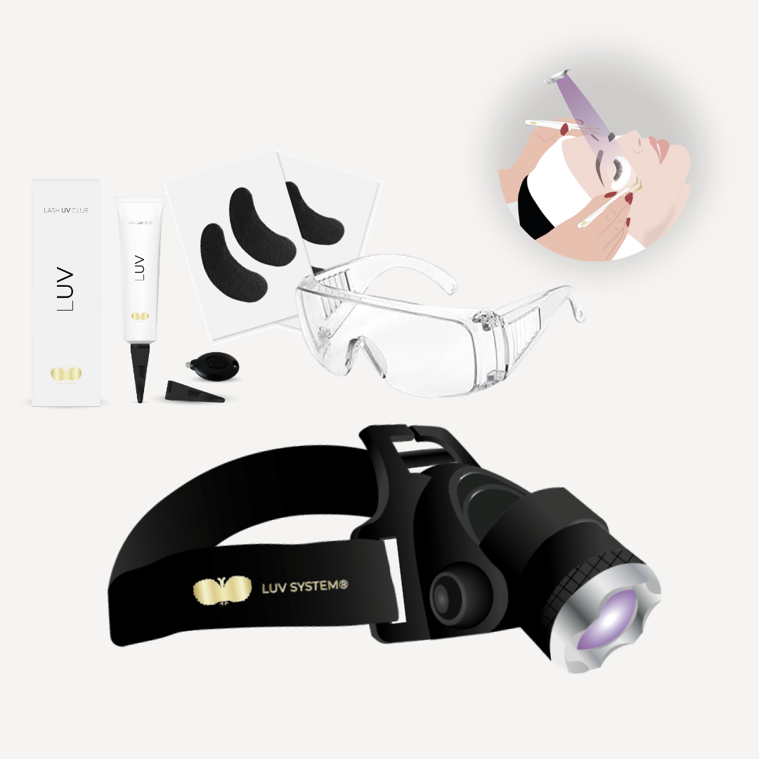 UV Wimpernverlängerung Set | Kopflampe | mit violettem UV LED Licht | BESTSELLER