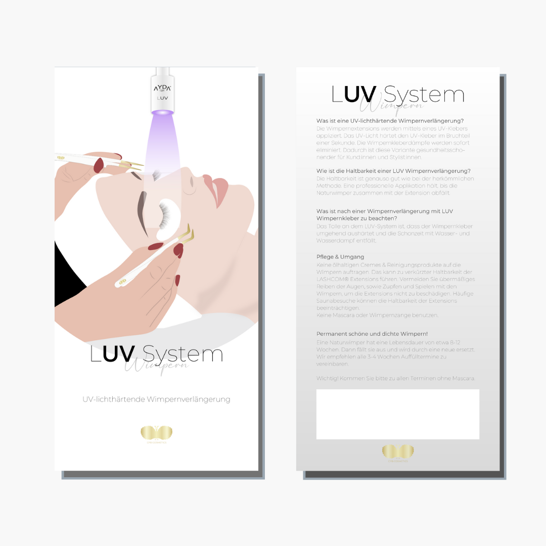 Flyer-von-LUV-2022 Flyer | Pflegehinweise | UV Wimpernverlängerung | 50 Stück